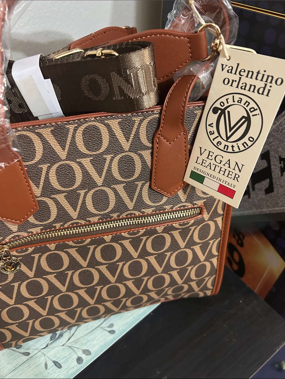 Valentino Brown Logo Monogram Tote with Gold Emblem with guitar strap - Picture 6 of 6